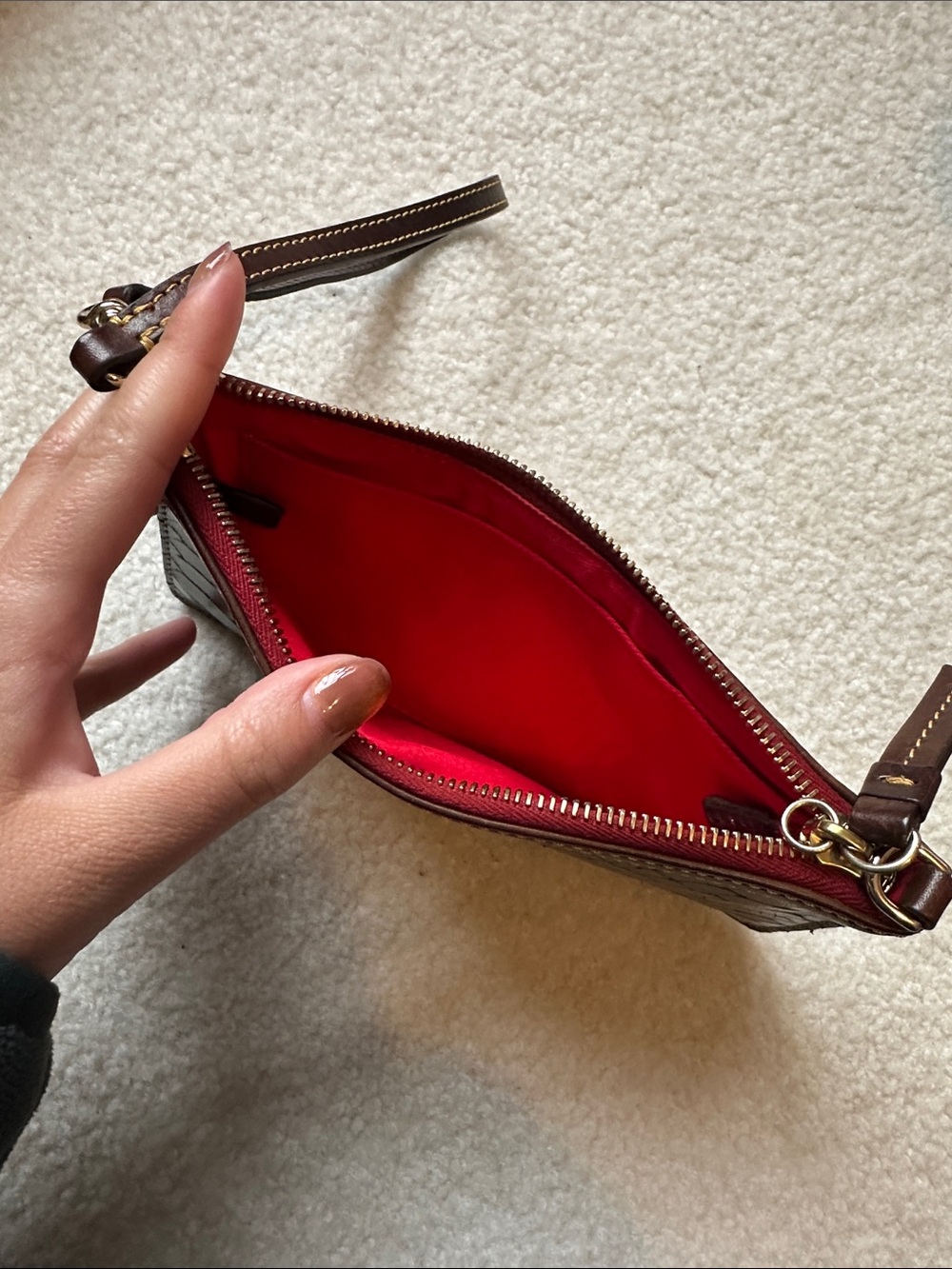 Dooney & Bourke Metallic Olive Snake-Embossed Wristlet with Burgundy Trim - Picture 5 of 7